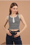 Camisole Striped Fabric Placket Snap Fastener Women's Blouse-Ecru