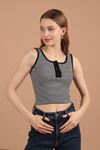 Camisole Striped Fabric Placket Snap Fastener Women's Blouse-Black