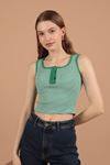 Camisole Striped Fabric Placket Snap Fastener Women's Blouse-Green