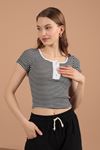 Camisole Striped Fabric Short Sleeve Women's Blouse-Ecru