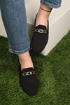 Triko  Zincir Metal Tokalı Kadın Loafer Ayakkabı-Siyah
