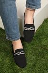 Triko  Geçmeli Taş Şeritli Kadın Loafer Ayakkabı-Siyah