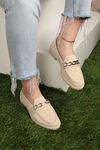 Casual Chain Buckle Cloth Loafer Women's Shoes-Beige