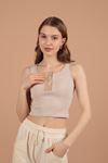 Camisole Striped Fabric Placket Snap Fastener Women's Blouse-Beige