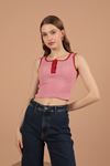 Camisole Striped Fabric Placket Snap Fastener Women's Blouse-Red
