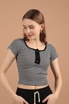 Camisole Striped Fabric Short Sleeve Women's Blouse-Black