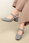 Linen Buckle Women's Heeled Shoes-Grey