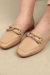 Women's Leather Ballerinas with Hook and Ribbon Buckle-Nude