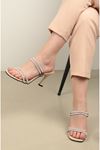 Shiny Striped Women's Heeled Evening Dress Slippers-Skin color