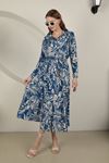 Viscose Fabric Leaf Pattern Women's Long Dress-Blue