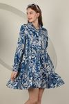 Viscose Fabric Leaf Pattern Short Dress-Blue