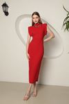 Krep Kumaş Vatkalı Kadın Midi Elbise-Kırmızı