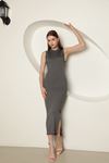 Женское платье с круглым вырезом из трикотажной ткани-Темно серый
