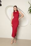 Женское платье с круглым вырезом из трикотажной ткани-Kрасный