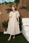 Linen Fabric Crispy Floral Women's Dress-Brown