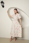 Linen Fabric Shirt Collar Flower Pattern Women Dress-Fuchsia