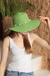 Women's Hat with Pearls On Straw-Green