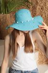 Women's Hat with Pearls On Straw-Turquoise