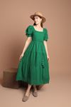 Fisto Kumaş Kadın Kare Yaka Elbise-Yeşil