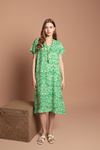 Viskon Kumaş Çini Desen Kadın Kısa Kol Elbise-Yeşil