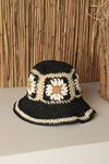 Hand Knitted Embroidered Women's Straw Hat-Black