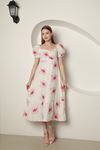 Viscose Fabric Floral Embroidery Watermelon Sleeve Women Dress-Fuchsia