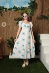 Viscose Fabric Floral Embroidery Watermelon Sleeve Women Dress-Blue