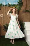 Viscose Fabric Floral Embroidery Watermelon Sleeve Women Dress-Green