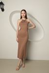 Knitwear Fabric Drawstring Halter Neck Women's Dobby Dress-Light Brown