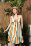 Terikoton Kumaş Kadın Renkli Çizgilii Elbise-Mint